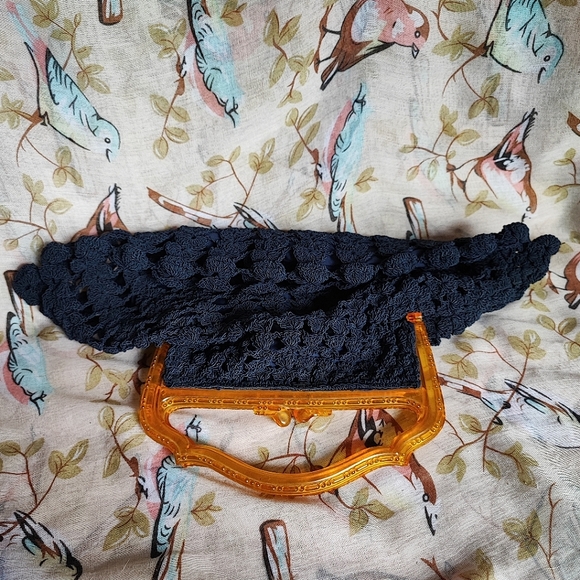 Vintage 1940's Large Half Moon Corded Clutch Purse Crochet Carved Lucite Handle - Picture 7 of 10